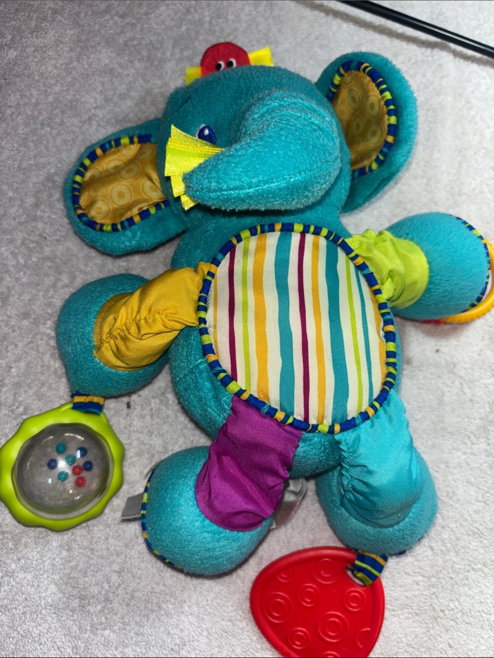 Teal Elephant Sensory Plush Toy with Multicolor Accents